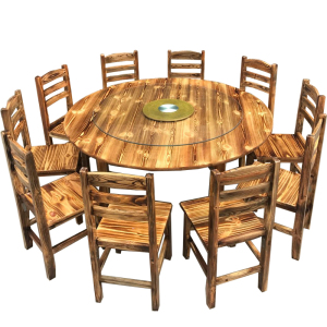 易企采 160CM碳化木餐桌饭店餐厅农家乐大小圆餐桌椅火锅烧烤店大排档桌椅转盘组合 一桌10椅带转盘 160CM