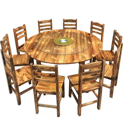 易企采 160CM碳化木餐桌饭店餐厅农家乐大小圆餐桌椅火锅烧烤店大排档桌椅转盘组合