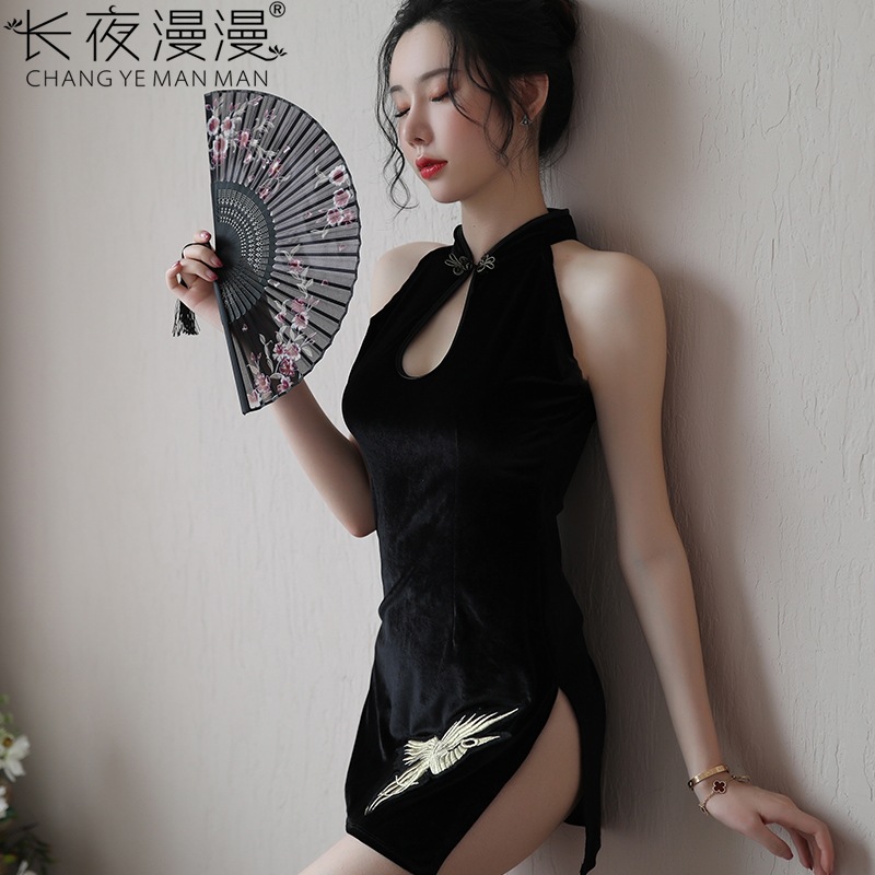 长夜漫漫情趣内衣女式性感旗袍开叉透明诱惑睡衣OL套装代发1293