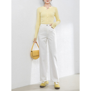 米白色牛仔直筒裤女秋季高腰宽松弹力柔软九分阔腿裤8131