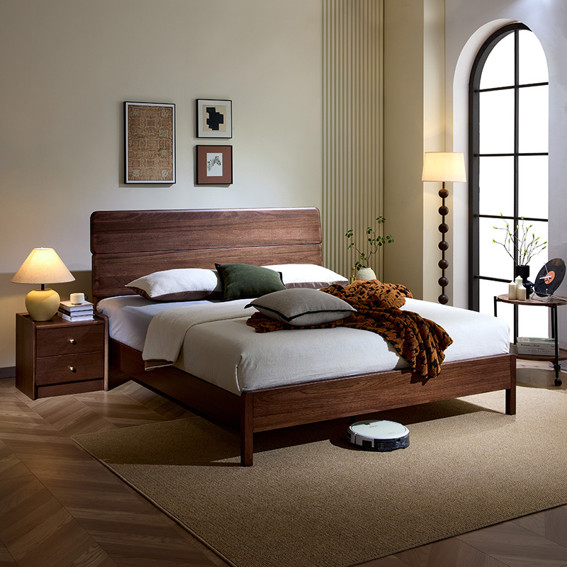青木川 简约现代中式胡桃木全实木床1.8米双人床1.5米x2m主卧室房间小户型家用休闲成人结婚榫卯床架床铺