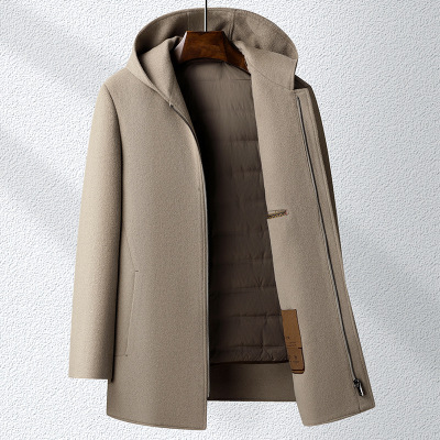 100%羊毛秋冬连帽双面呢中长大衣白鸭绒内胆尼大衣风衣男妮子大衣
