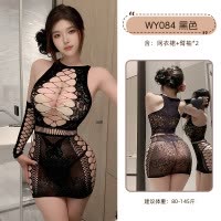 九里晴川WY084交叉镂空连体网衣性感纯欲风挂脖深V交叉重工花纹