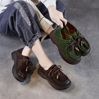 翻毛皮绿色单鞋女新款秋季真皮流苏女鞋袋鼠鞋厚底系带休闲鞋