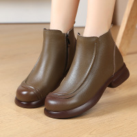 头层牛皮复古厚底小皮靴女秋冬季新款软底加绒保暖棉鞋雪地靴