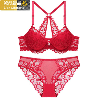 恋名媛前扣美背文胸女士蕾丝内衣套装性感小胸聚拢薄款大红色胸罩本命年文胸套装