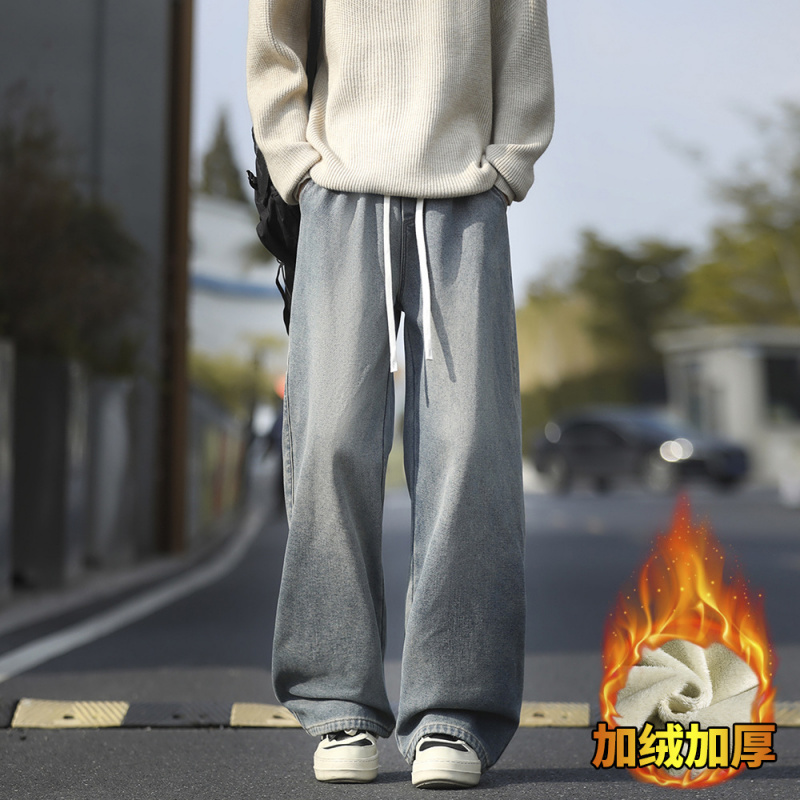 加绒加厚潮男牛仔裤美式高街阔腿牛仔裤男年轻朝气宽松直筒松紧腰