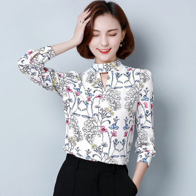 印花雪纺衫女长袖春季新款上衣韩版修身百搭打底衫