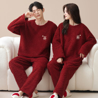情侣睡衣秋冬季珊瑚绒本命年喜庆结婚大红色一男士一女家居服套装_711