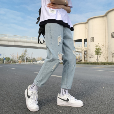 破洞牛仔裤男士2021新款百搭潮流牛仔裤子男直筒休闲老爹裤九分裤