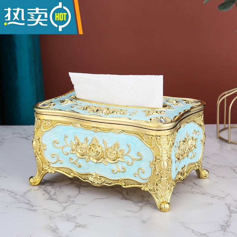 敬平欧式纸巾盒家用客厅茶几抽纸盒创意轻奢KTV纸抽盒餐厅美式ins摆件 金蓝(时尚款)