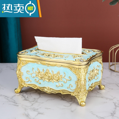 敬平欧式纸巾盒家用客厅茶几抽纸盒创意轻奢KTV纸抽盒餐厅美式ins摆件 金蓝(时尚款)