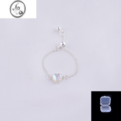 JiMiS925银银爱心可拉伸调节链条指环日韩小众轻奢风五彩月光石戒指女