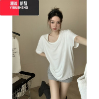 YIBUSHENG韩系白色短袖T恤女装季2024新款别致设计感V领宽松休闲小众上衣