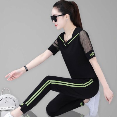 闪洛运动套装女夏季2021韩版宽松时尚洋气网纱短袖休闲两件套