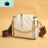 质感斜挎水桶包包女2020新款潮韩版百搭菱格宽带单肩链条手提包夏NEW LAKE 杏白色