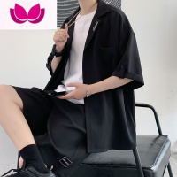 七斓古巴领衬衫男设计感小众短袖套装夏季薄款冰丝衬衣服痞帅男装一套