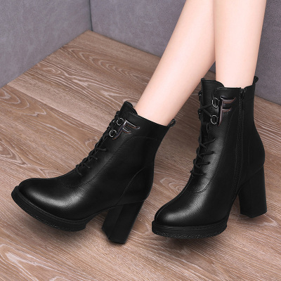 莱卡金顿粗跟皮靴女靴冬季加绒系带短靴女鞋QL7105