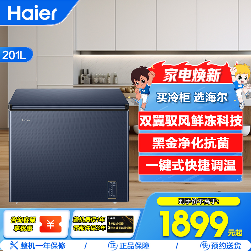 海尔(Haier)201升家用卧式冰柜冷柜小冰箱 巨能冻 黑金净化抗菌 双翼驭风鲜冻科技 BC/BD-201WGHED
