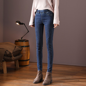 迪鲁奥(DILUAO)新款女装高腰涂层牛仔布裤女秋季新款2021显瘦弹力修身百搭常规裤松紧腰九分裤