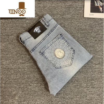 YANXU2023新款印花牛仔裤男网红潮牌修身百搭学生九分休闲长裤子男