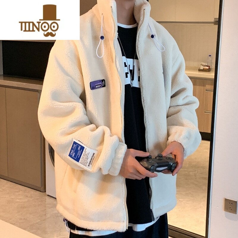 YANXU冬季羔绒棉服男加绒加厚潮牌宽松保暖毛棉衣立领外套棉袄夹克
