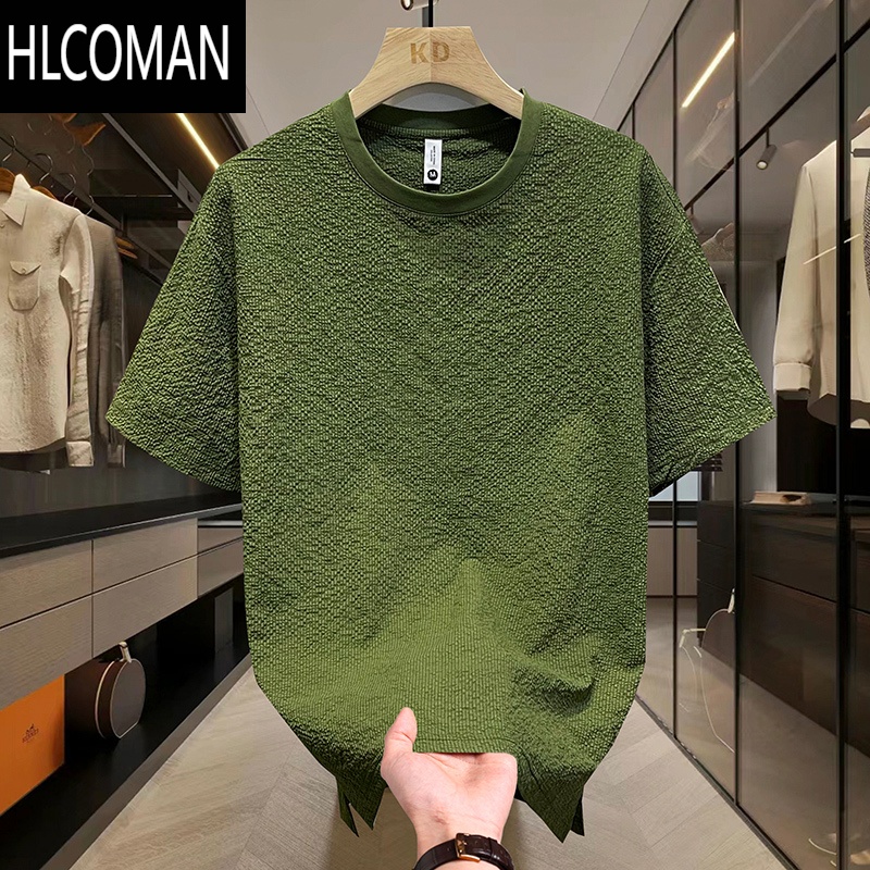 HLCOMAN夏季泡泡纱高级肌理感坎肩圆领男士短袖t恤薄款修身上衣半袖汗衫