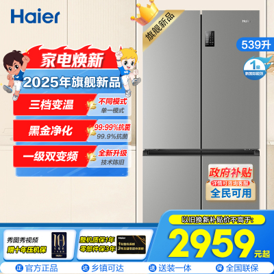海尔(Haier)539L大容量三档变温黑金净化一级双变频WIFI智能联网旗舰新品 BCD-539WGHTDEDH9U1