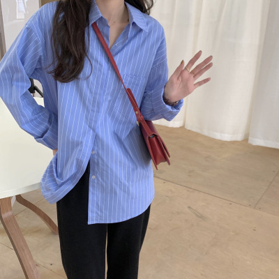 蓝色竖条纹衬衫外套女春秋百搭长袖上衣春季韩版宽松外穿休闲衬衣