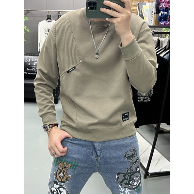 秋冬新款帅气圆领卫衣时尚潮流青少年T恤个性拼接徽章套头打底衫