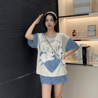 Ceba睡衣女夏季丝绸冰丝可爱蓝心飞兔短袖短裤两件套薄款家居服