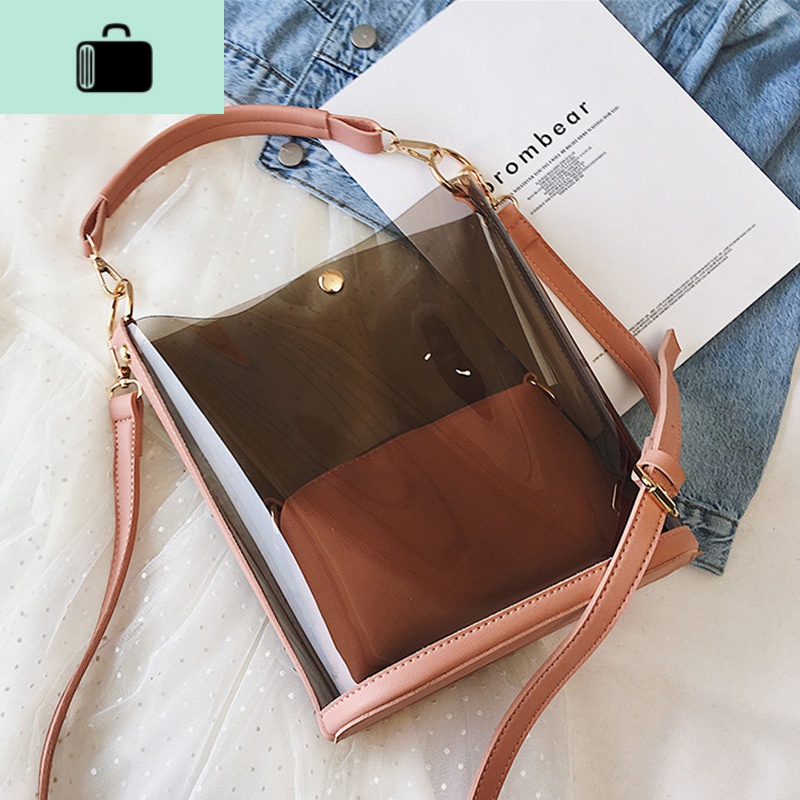 透明包包韩版2020春天新款少女 潮流沙滩果冻手提斜挎大包塑料包NEW LAKE女斜挎包