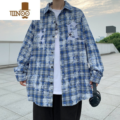 YANXU美式街头扎染水洗格子衬衫外套男宽松外搭设计感长袖外套