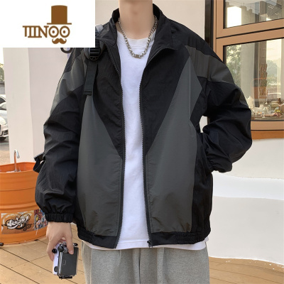 YANXU日系复古翻领夹克男士秋季韩版潮流拼色休闲外套潮牌百搭运动上衣