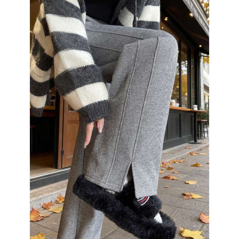 开叉窄版阔腿裤女新款秋冬加绒直筒裤小个子人字纹羊毛呢裤子