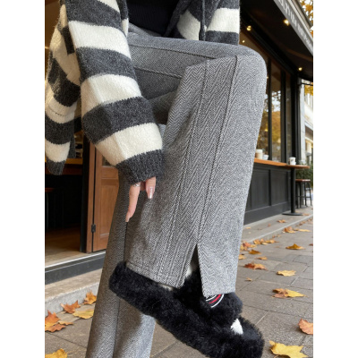 开叉窄版阔腿裤女新款秋冬加绒直筒裤小个子人字纹羊毛呢裤子_683
