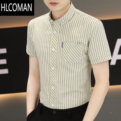 HLCOMAN男士短袖衬衫夏季韩版潮流帅气口袋衬衣条纹薄款半袖商务休闲寸衫