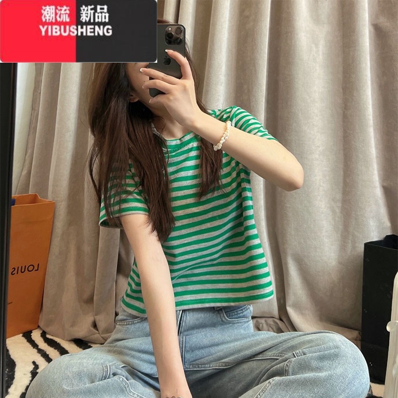 YIBUSHENG绿色条纹短袖t恤女季宽松小个子ins短款体恤气质显瘦上衣潮