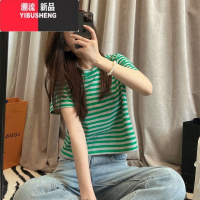 YIBUSHENG绿色条纹短袖t恤女季宽松小个子ins短款体恤气质显瘦上衣潮