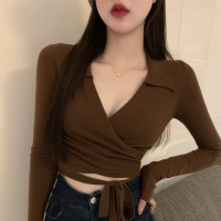 纯欲风性感v领绑带针织打底衫女春秋别致设计感内搭学生上衣_1