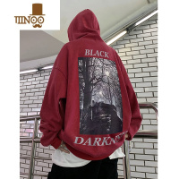 YANXU美式红色印花连帽卫衣男款休闲宽松百搭外套圆领套头上衣