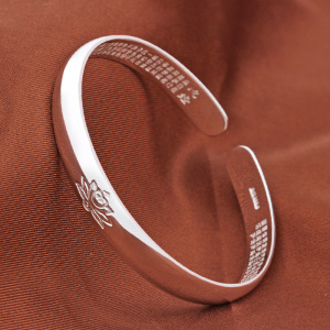 莲花银手镯女纯银9999开口心经银镯子饰品实心民族风年轻款银手环送女朋友老婆情人节七夕生日礼物