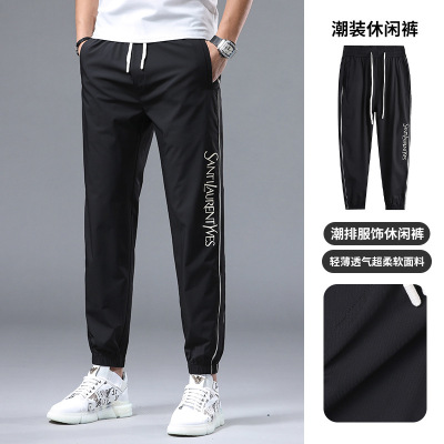 夏季薄款男士休闲刺绣印花修身弹力运动束脚长裤_758