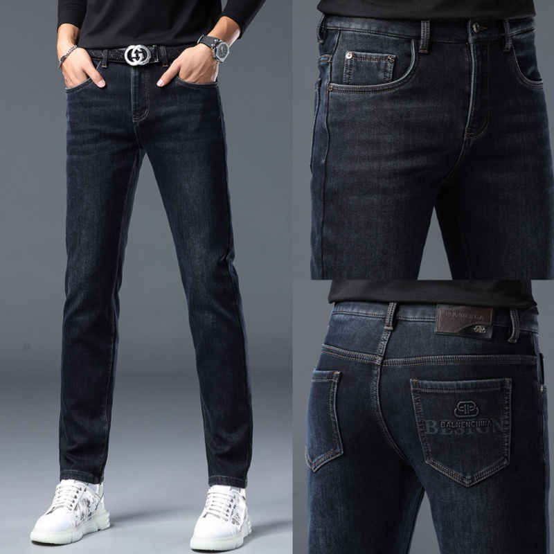 冬季新款欧洲站轻奢潮牌加绒牛仔裤弹力修身小直筒裤潮流百搭