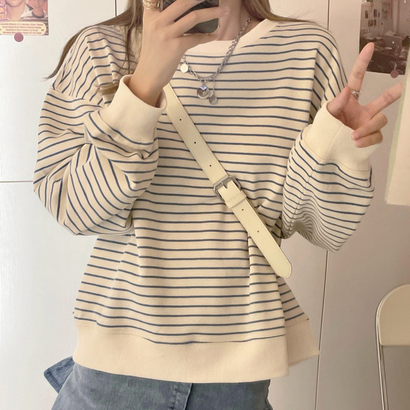 卫衣女款春秋新款韩版宽松设计感条纹上衣圆领套头长袖T恤ins