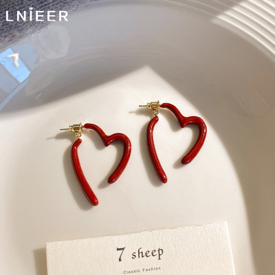 S925银针交叉爱心耳环女轻奢高级感耳环春夏红色复古气质百搭耳饰送女朋友老婆情人节七夕生日礼物