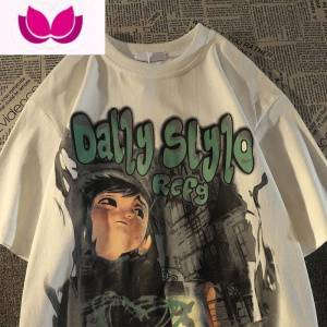 七斓欧美高街卡通爱心印花短袖T恤男女潮牌街头嘻哈复古半袖上衣ins夏