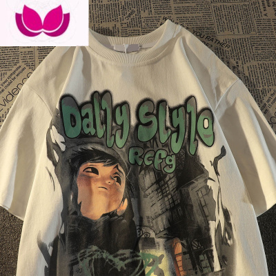 七斓欧美高街卡通爱心印花短袖T恤男女潮牌街头嘻哈复古半袖上衣ins夏