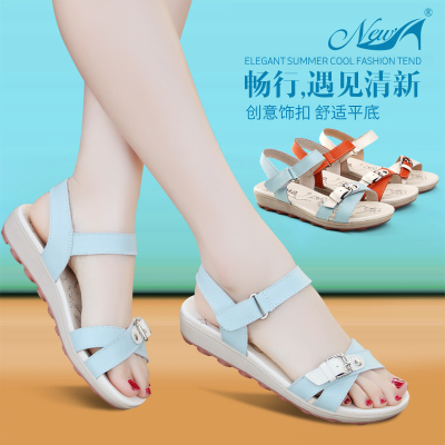 芳棋云品牌2020夏季新款大童百搭少女学生鞋真皮平跟凉鞋女平底简约孕妇女鞋