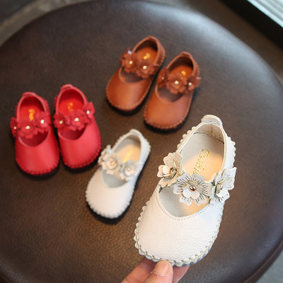女宝宝公主鞋春秋红色花朵浅口皮鞋 0-2岁婴幼儿镂空软底防滑单鞋